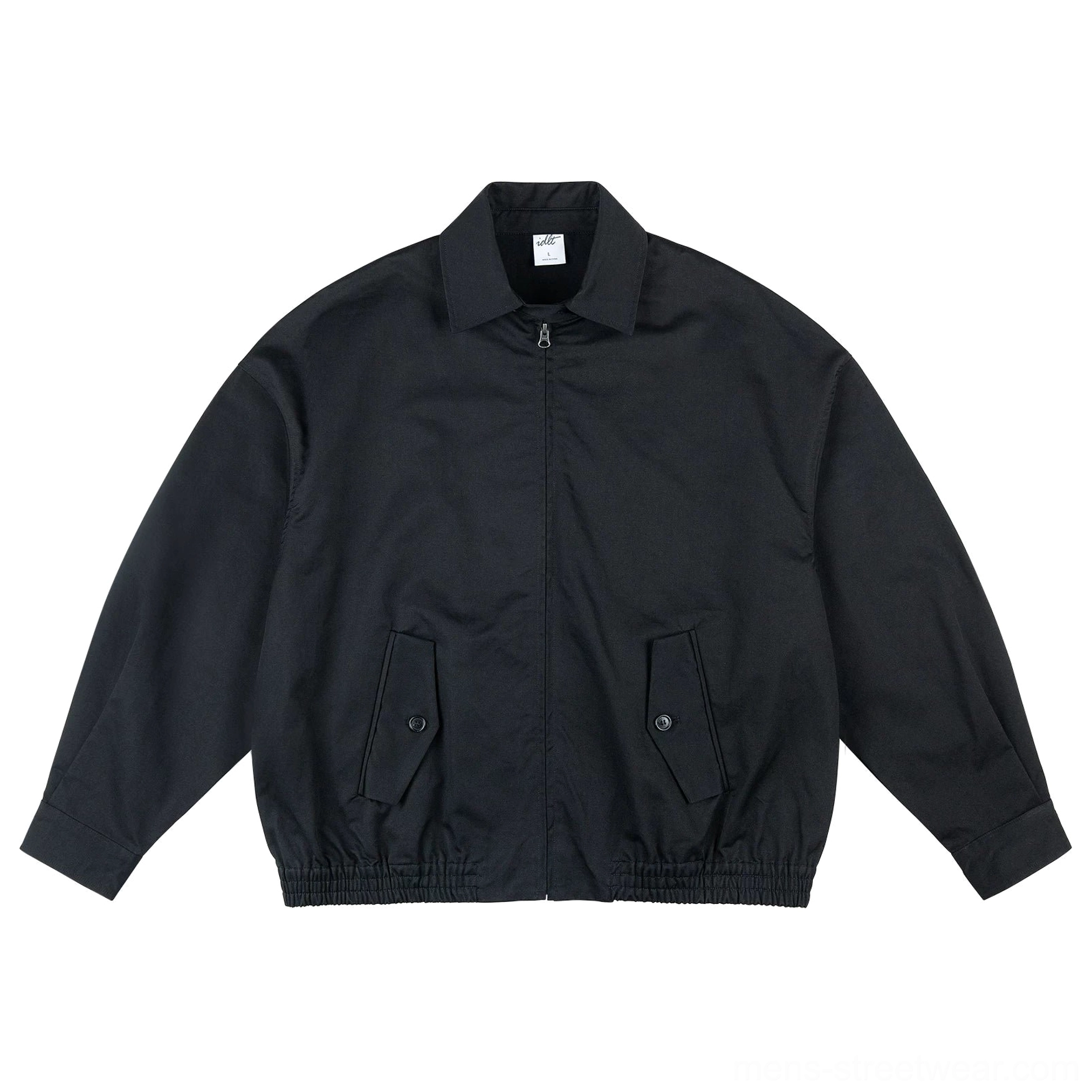 Black classic Harrington jacket showcasing clean minimalist outerwear styling, relaxed proportions, and versatile modern streetwear appeal
