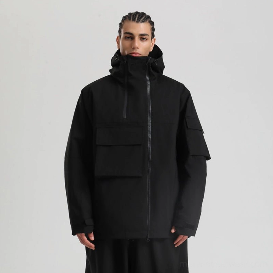 Black colorblock techwear snowboard jacket variation with hood, utility pockets, insulated shell, and relaxed Korean streetwear fit