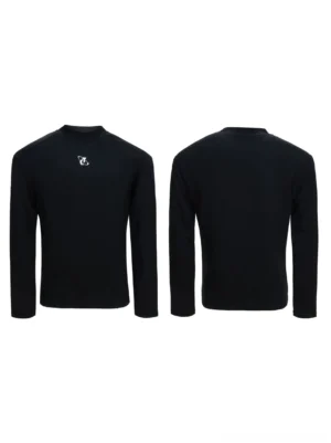 Black Contour Core mock neck long sleeve streetwear top shown in a flat studio front and back view with tailored contour seams, fitted athletic silhouette, and subtle chest embroidery