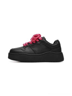 Black contrast lace platform sneakers with bright hot pink round laces shown in left side profile