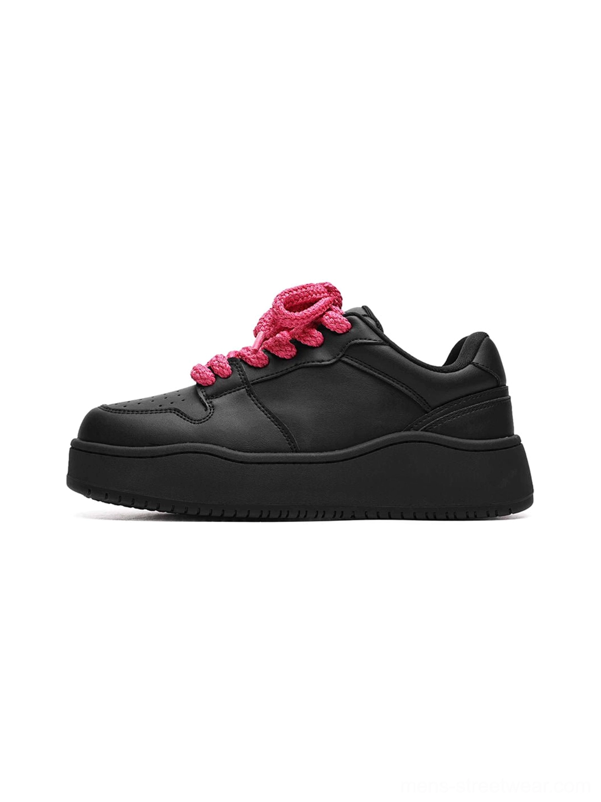 Black contrast lace platform sneakers with bright hot pink round laces shown in left side profile