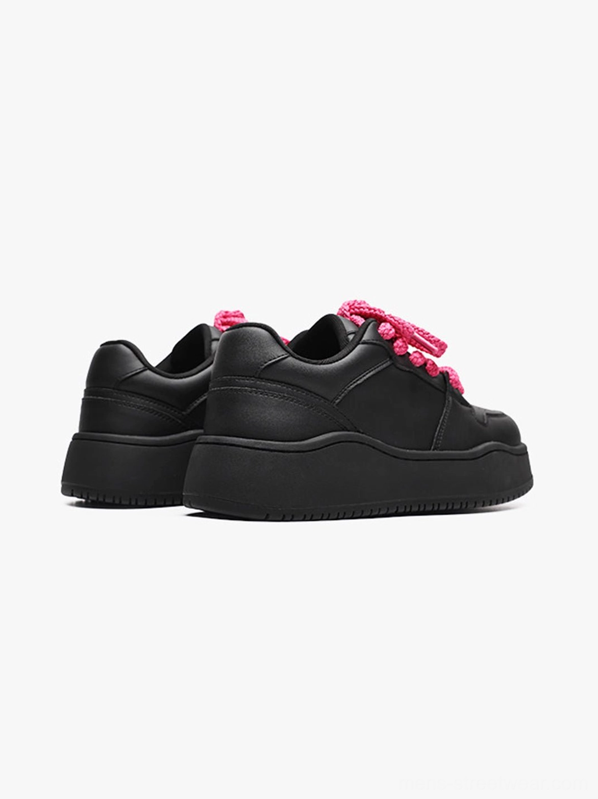 Black contrast lace platform sneakers product detail image with bold hot pink laces and chunky streetwear sole