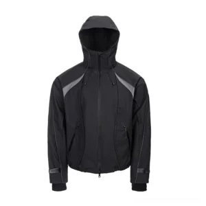 Black contrast-panel hooded shell jacket front view with attached hood, high zip neckline, dark gray panels, and zippered pockets