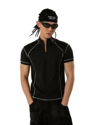 Front view of black contrast seam half-zip tee with stand collar in Seoul techwear streetwear styling