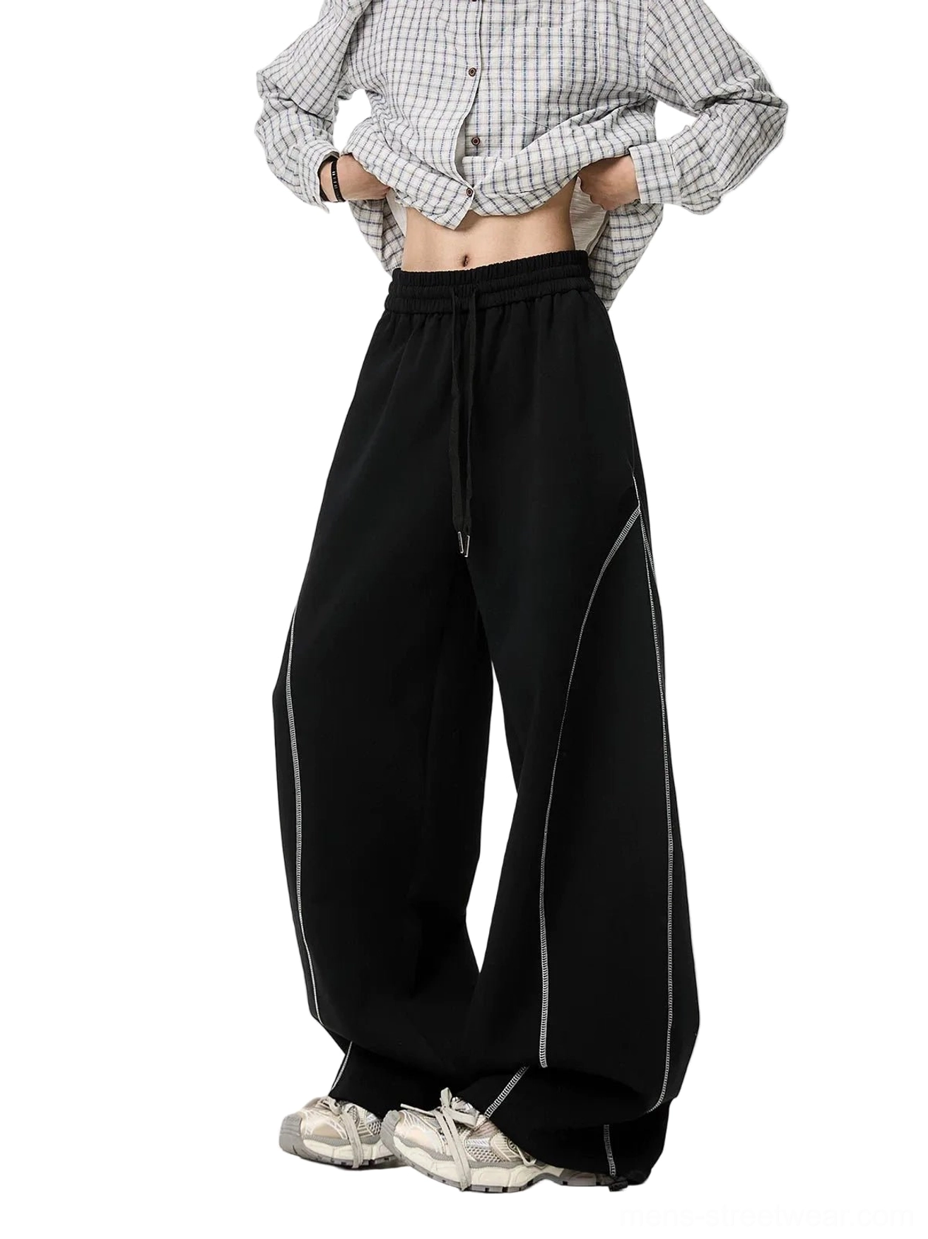 Black oversized contrast stitch balloon sweatpants front view showing drawstring elastic waistband and extra wide streetwear legs