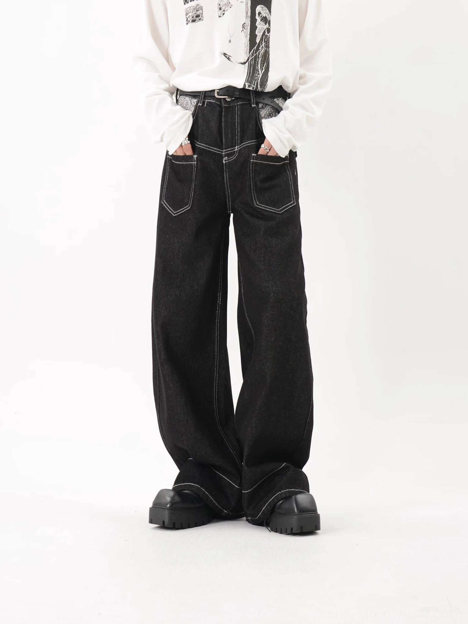 Black contrast stitch wide leg utility jeans front view with oversized patch pockets and relaxed baggy fit