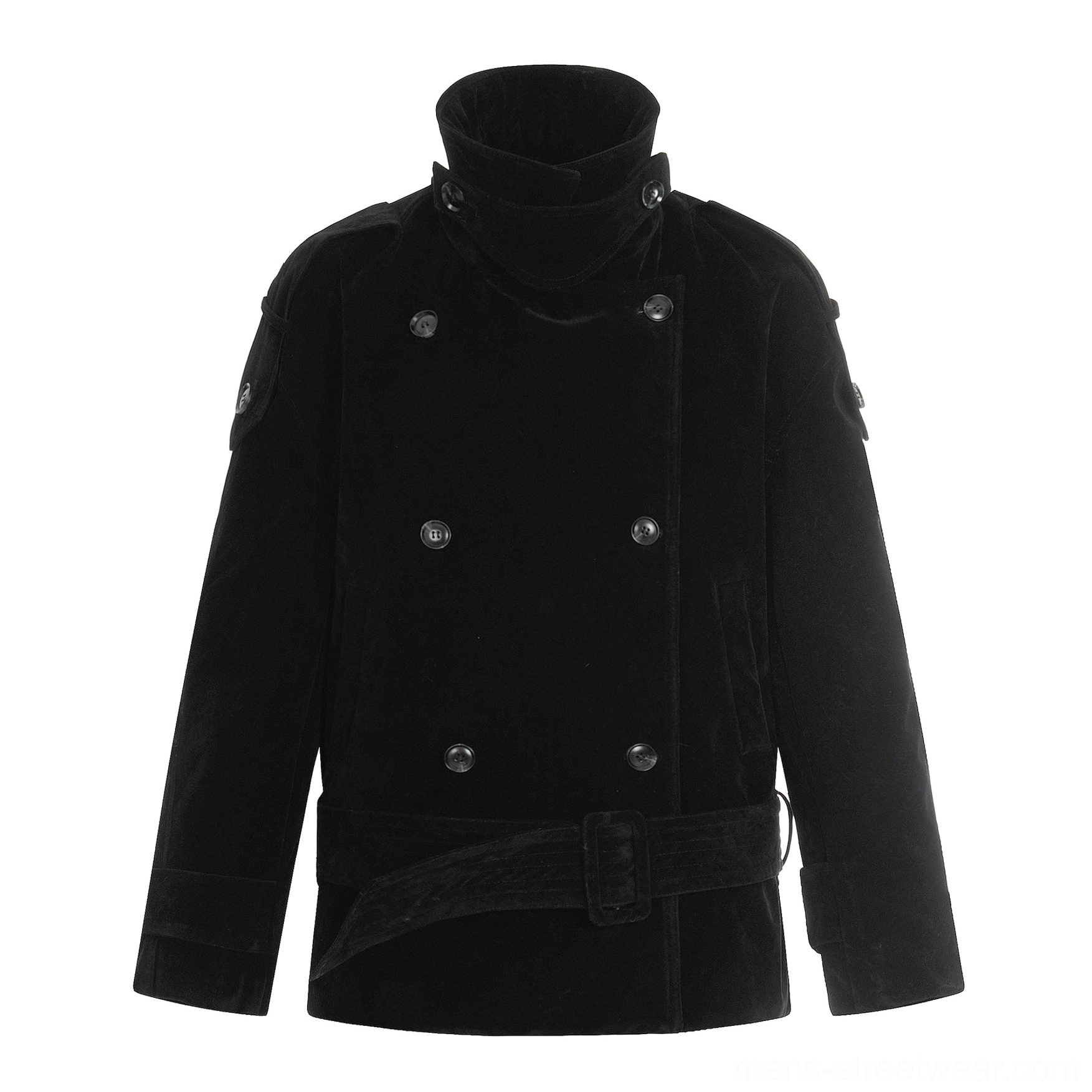 Black corduroy cropped double-breasted trench coat with belt and structured streetwear silhouette