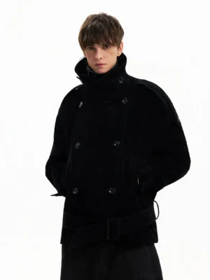 Black corduroy cropped double-breasted trench coat with high stand collar and belt front view