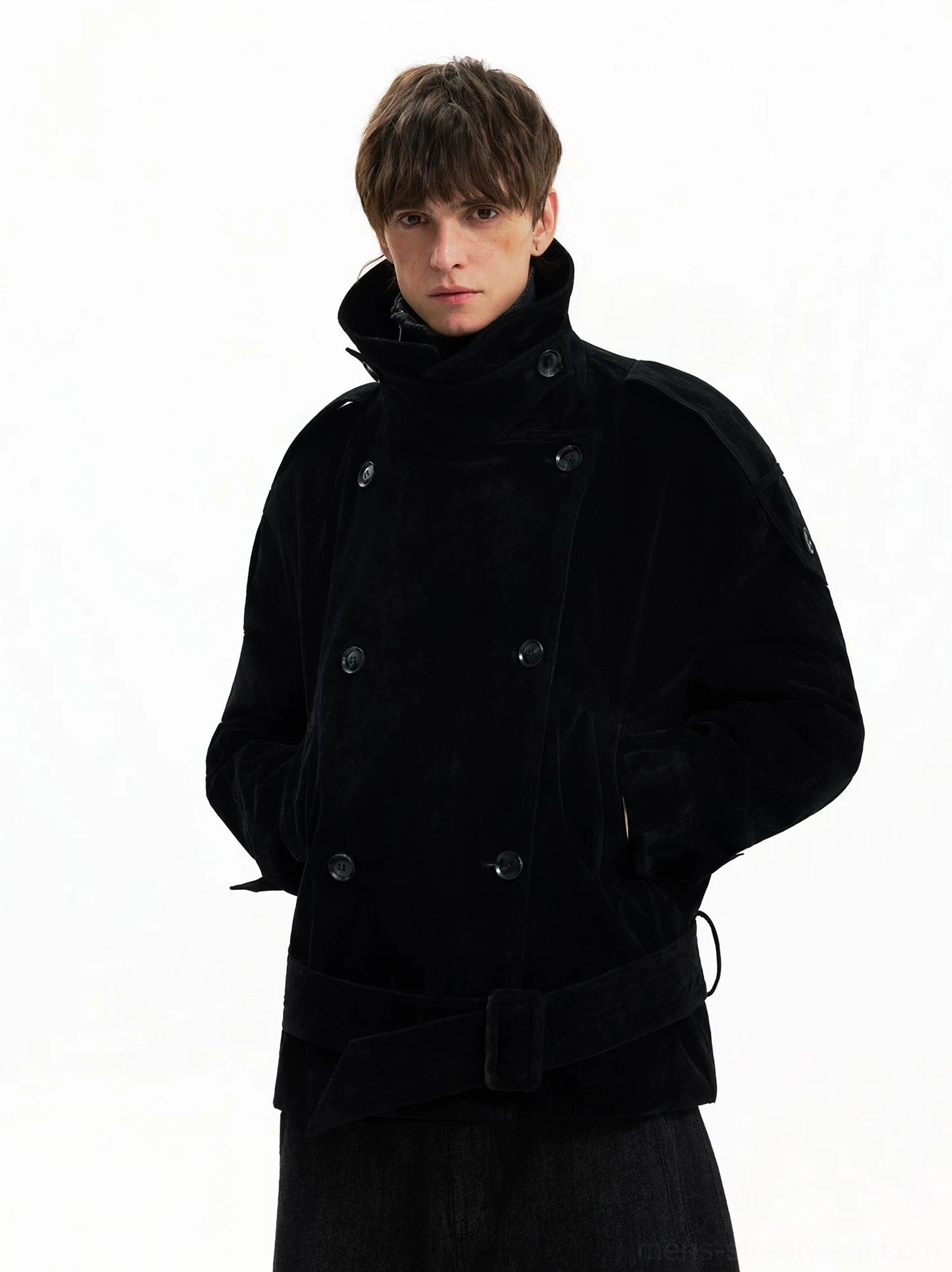 Black corduroy cropped double-breasted trench coat with high stand collar and belt front view