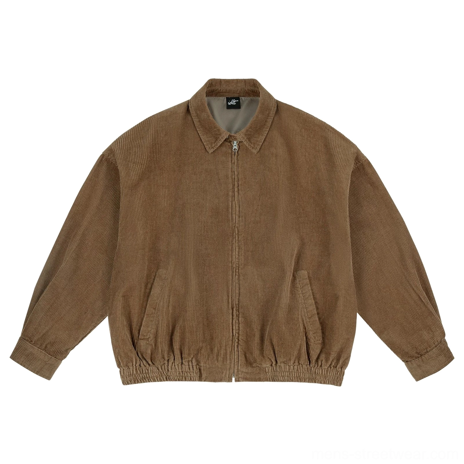 Black corduroy Harrington jacket offering a clean monochrome base for Korean streetwear and layered outfits