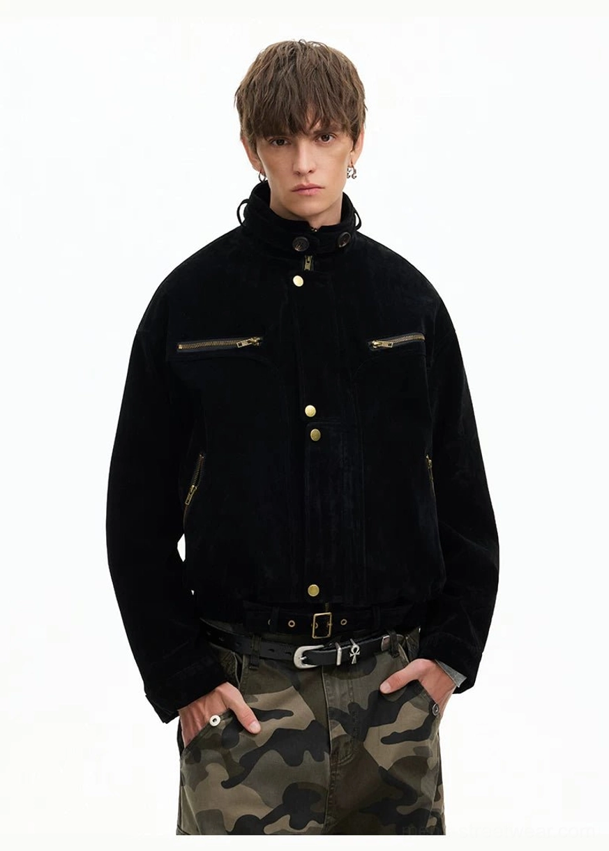 Black corduroy utility bomber jacket with exposed gold snap buttons chest zip pockets and cropped fit