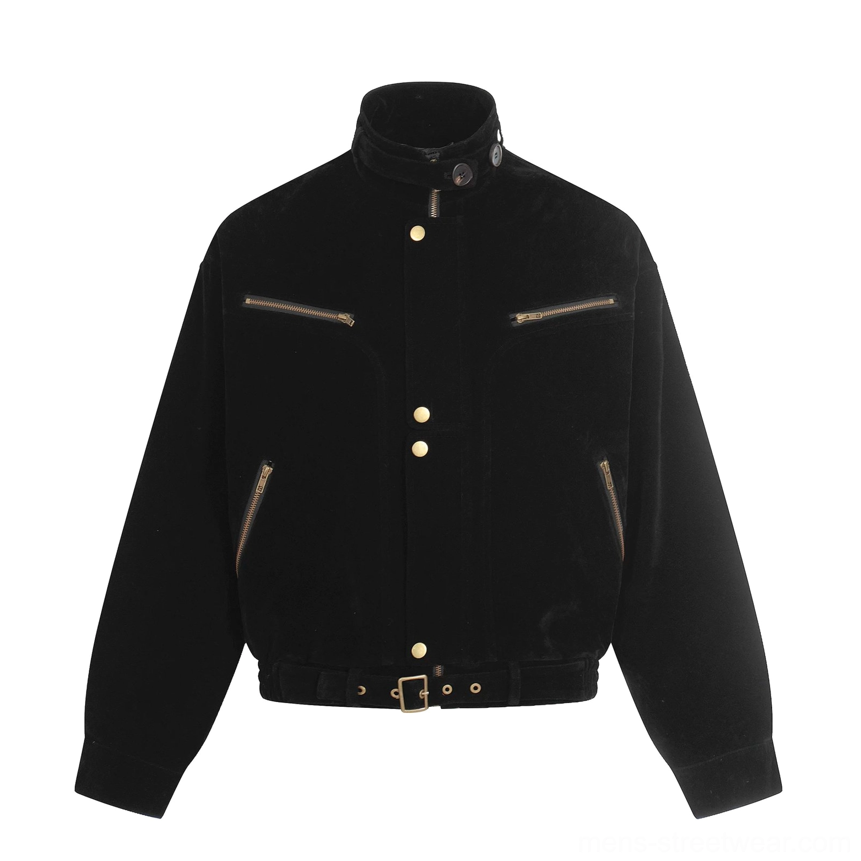 Black corduroy utility bomber jacket with stand collar and gold hardware cropped streetwear product view