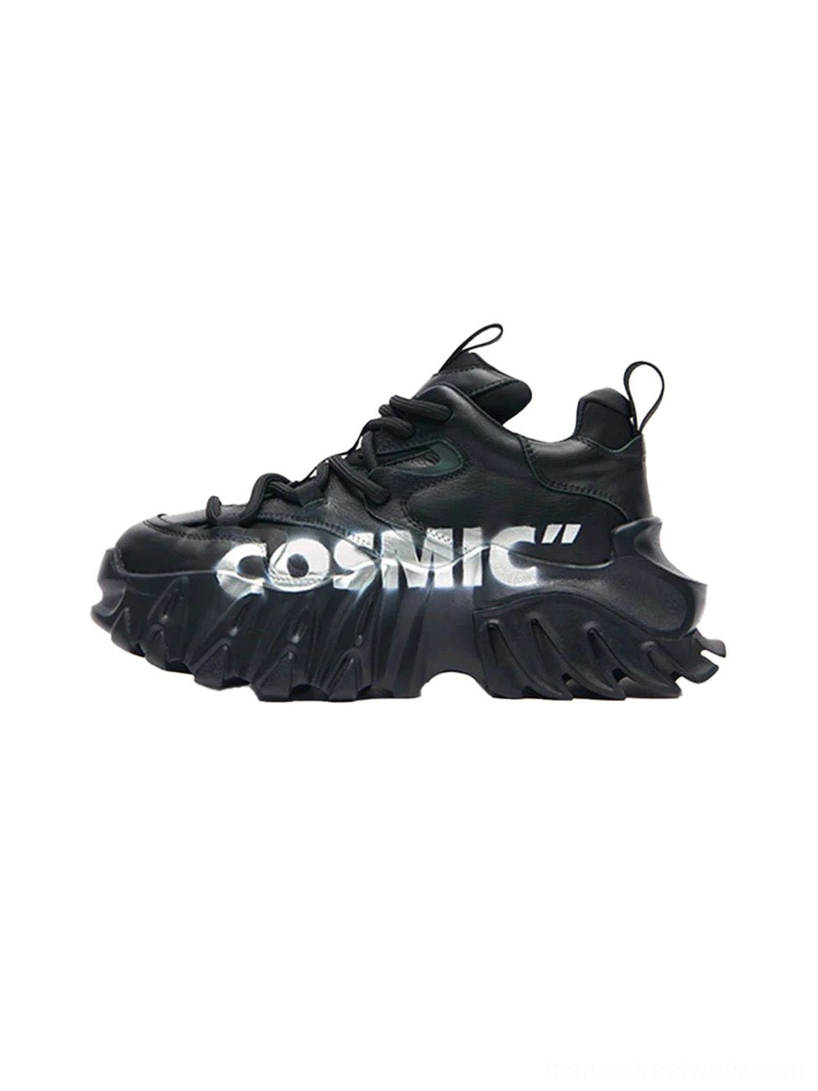 Black Cosmic graphic platform derby sneakers shown from a side three-quarter angle with genuine leather upper, cosmic lettering, heel pull tab, and rugged sculpted chunky sole