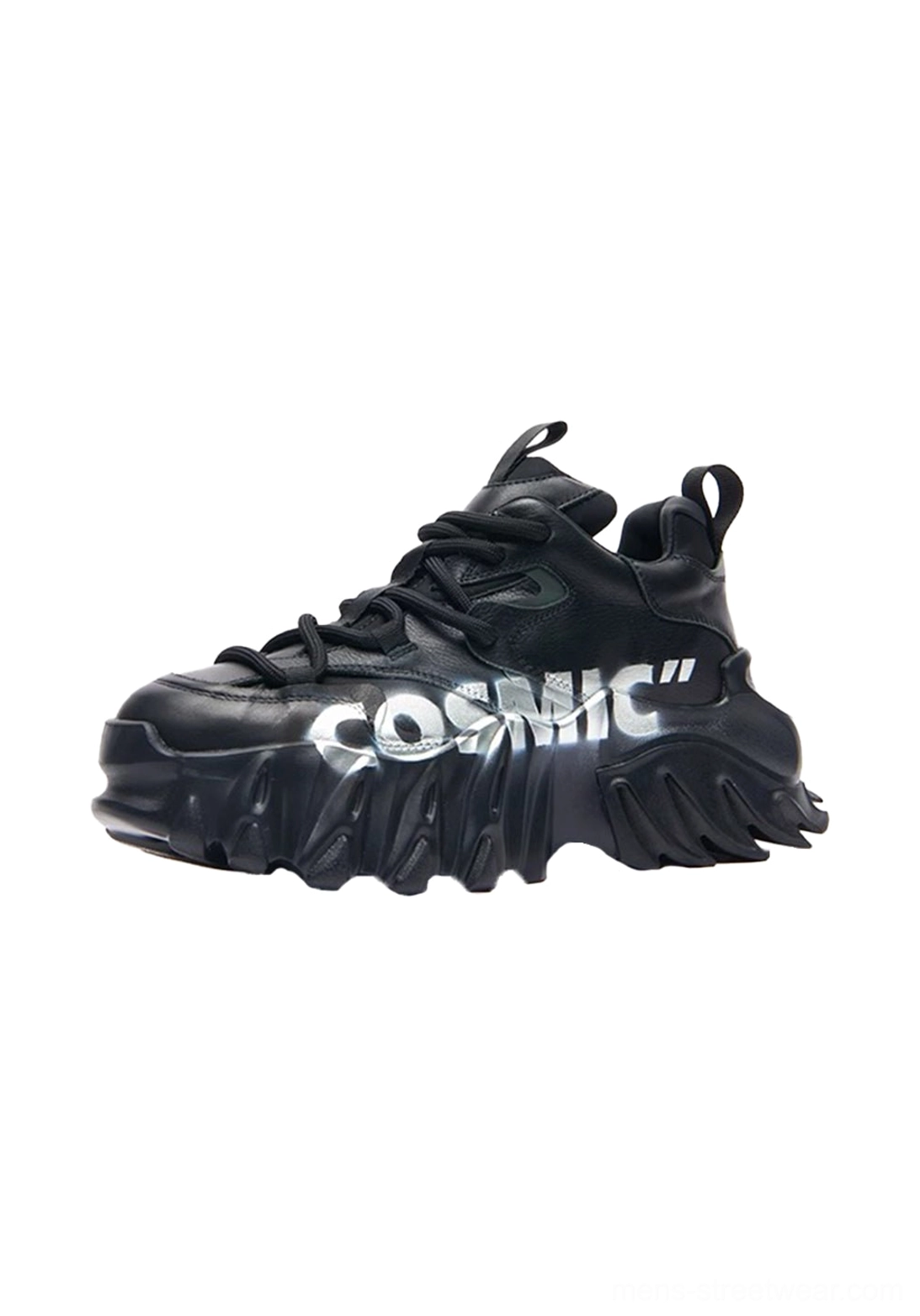Black Cosmic graphic platform shoes in side three-quarter product view with leather upper, bold lettering, heel pull loop, and irregular thick textured outsole