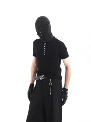 Three quarter view of black cotton Henley T-shirt showing the ribbed texture and vertical metallic neckline buttons