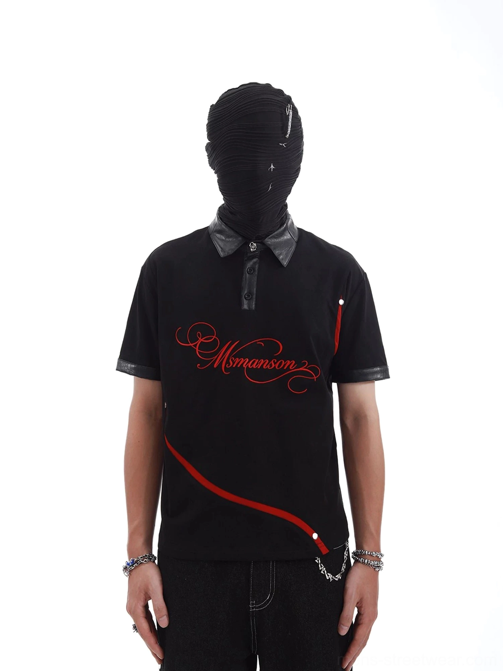 Front view of black crimson arc faux leather collar polo shirt with red graphic stripe and silver stud streetwear details