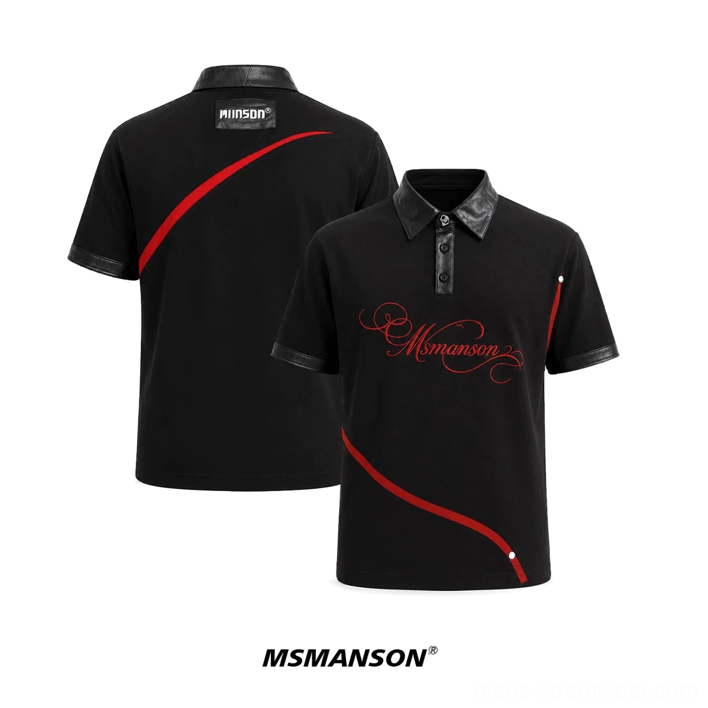Flat lay front and back view of black crimson arc graphic polo shirt with faux leather collar cuffs and button placket