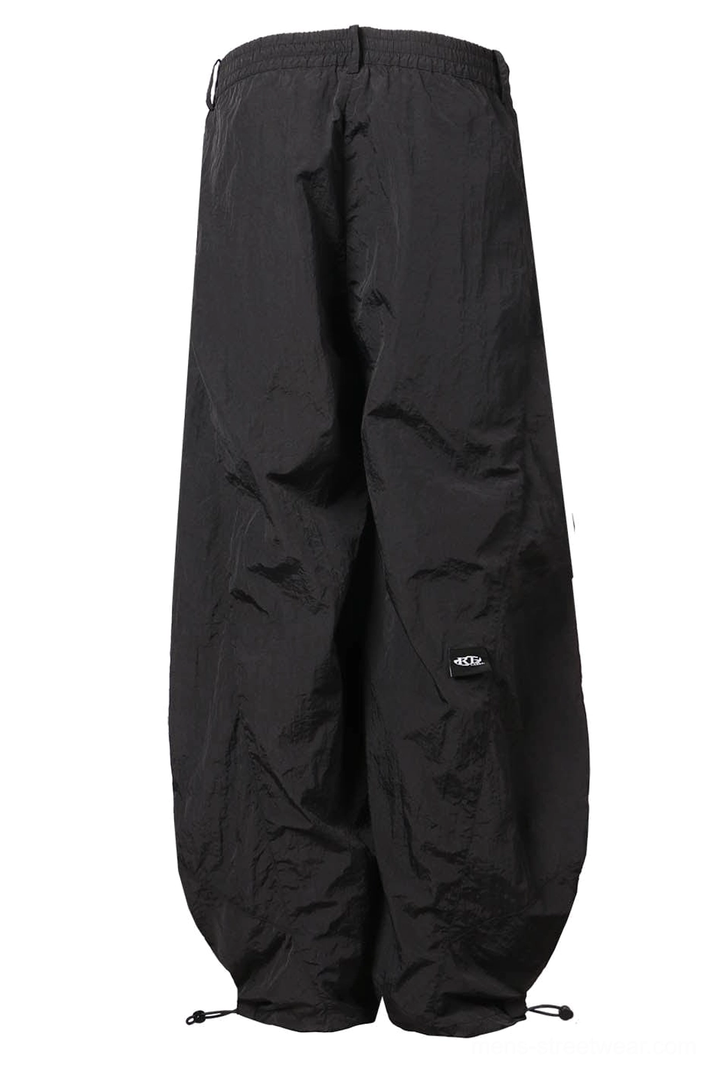 Black crinkled nylon wide-leg track pants back product image with relaxed streetwear drape
