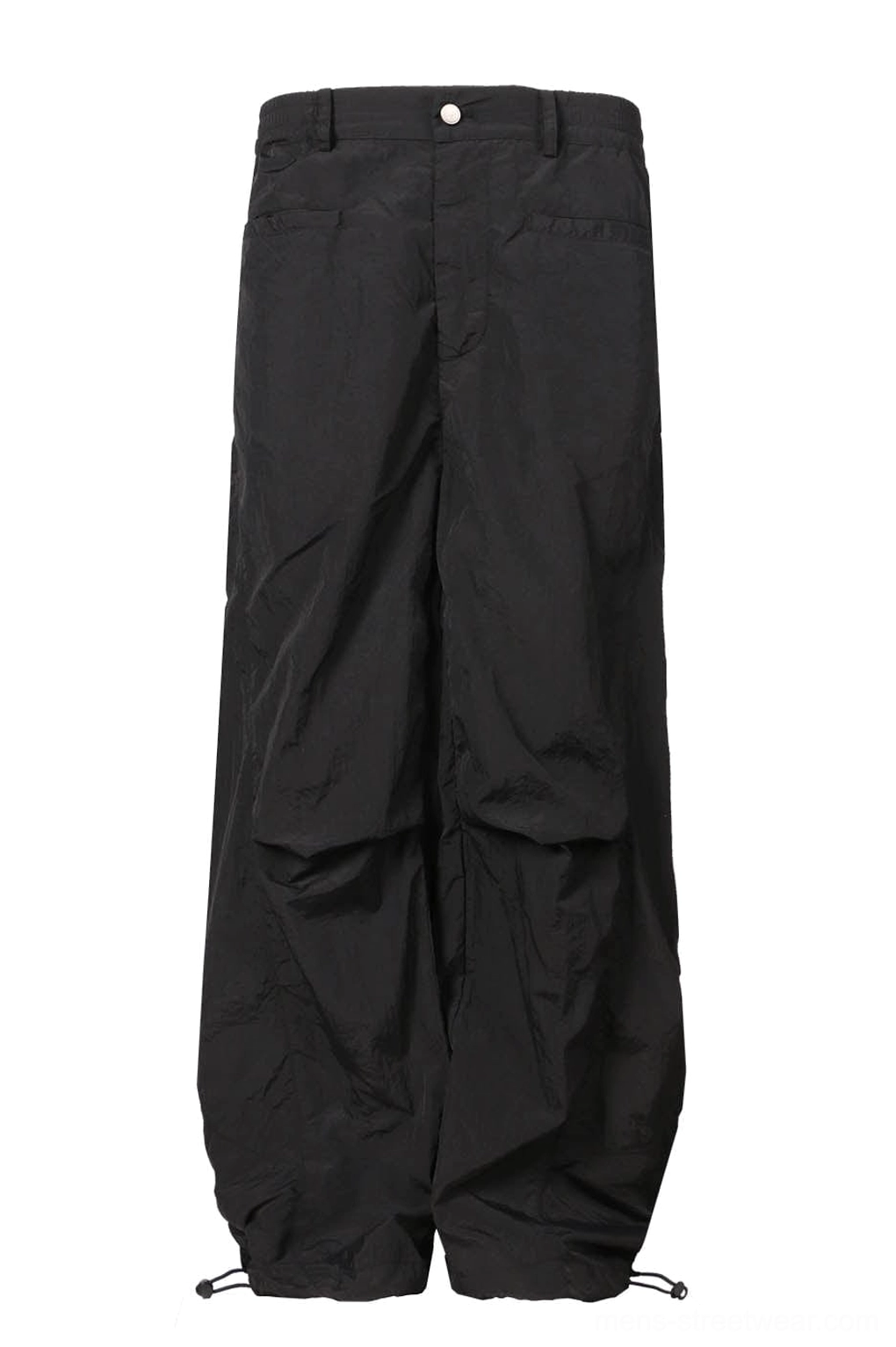 Black crinkled nylon wide-leg track pants front product image with lightweight technical fabric
