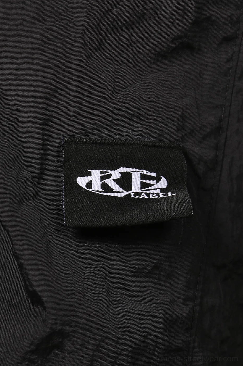 Black crinkled nylon wide-leg track pants fashion product view for Seoul-inspired streetwear styling