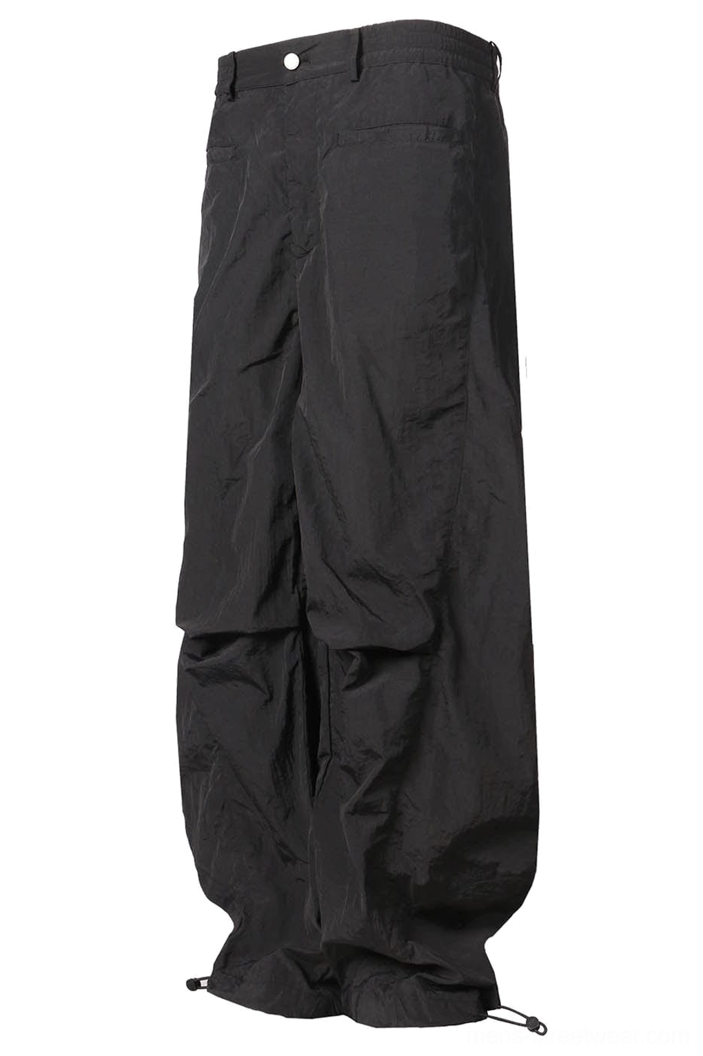 Black nylon wide-leg track pants side product image featuring loose legs and adjustable ankle drawcords