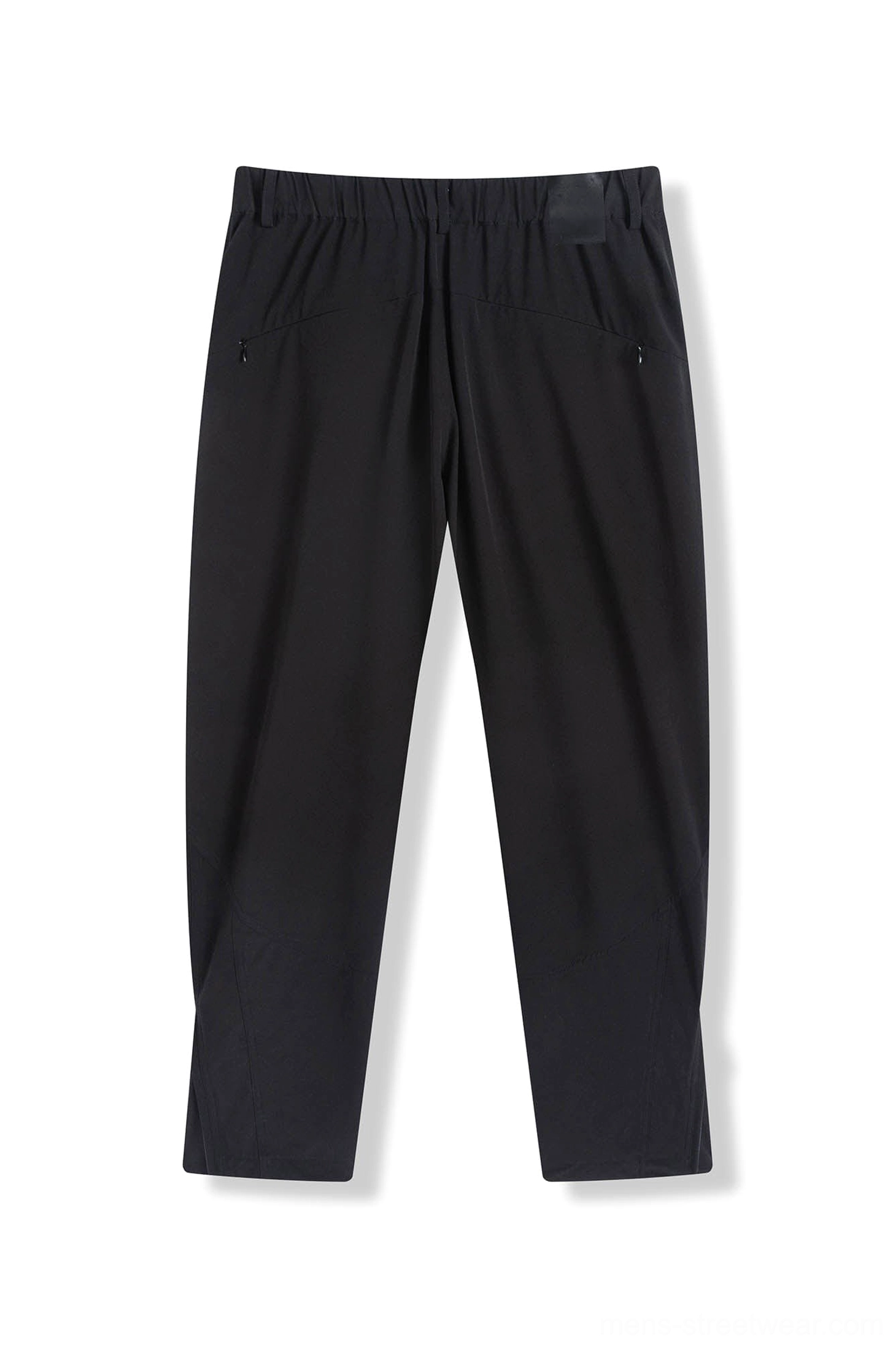Black crinkled track pants with ankle zipper details for contemporary Korean streetwear and everyday city wear