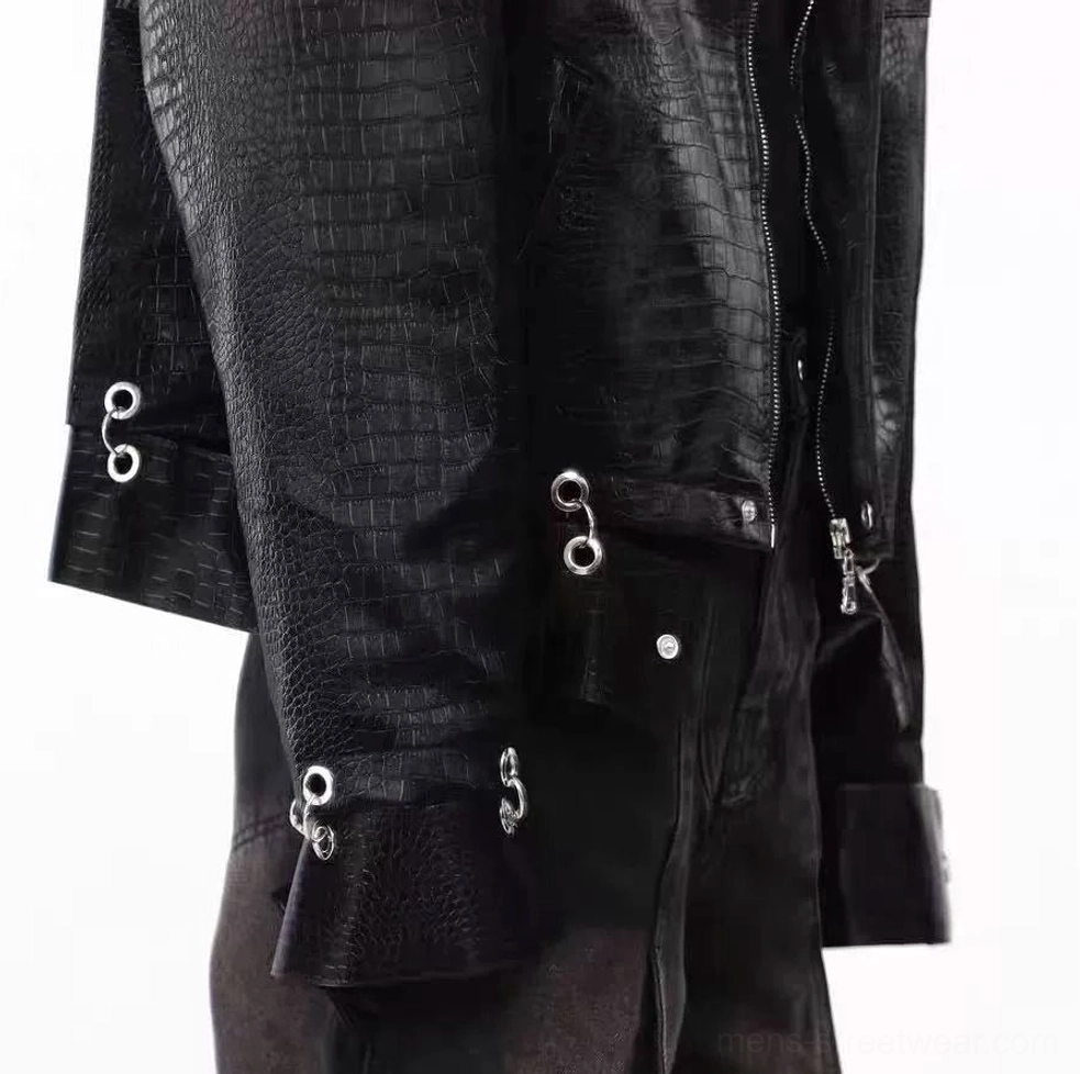 Black crocodile embossed faux leather moto jacket cuff buckle straps zipper hardware and adjustable hem detail