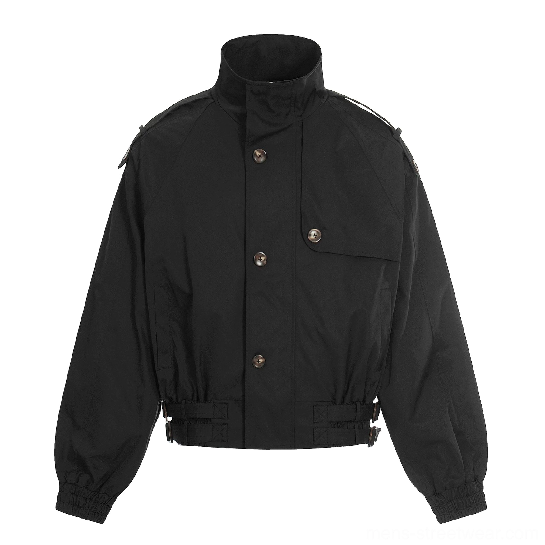 Black cropped cinch-hem windbreaker jacket with adjustable drawstring hem and contemporary Seoul-inspired streetwear aesthetic