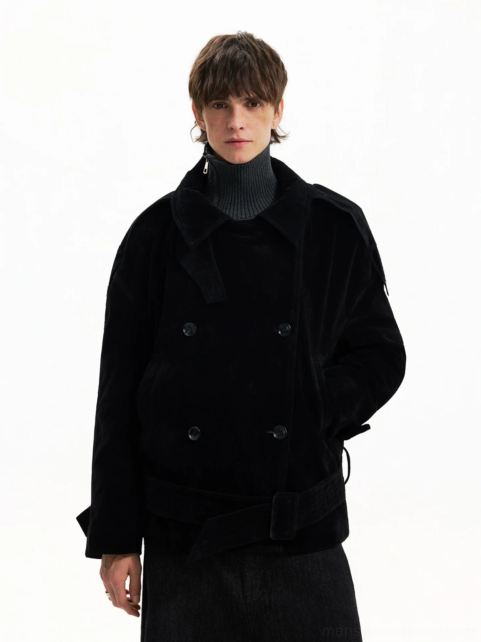 Black cropped corduroy trench coat worn with wide-leg trousers in Korean streetwear outfit