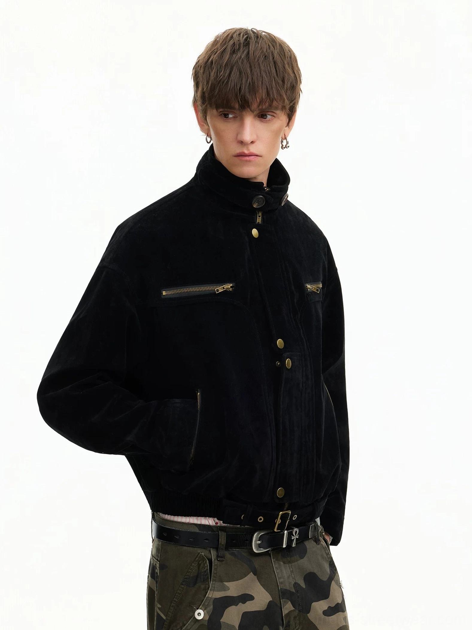 Black cropped corduroy utility bomber jacket back three-quarter view showing stand collar and adjustable waist strap