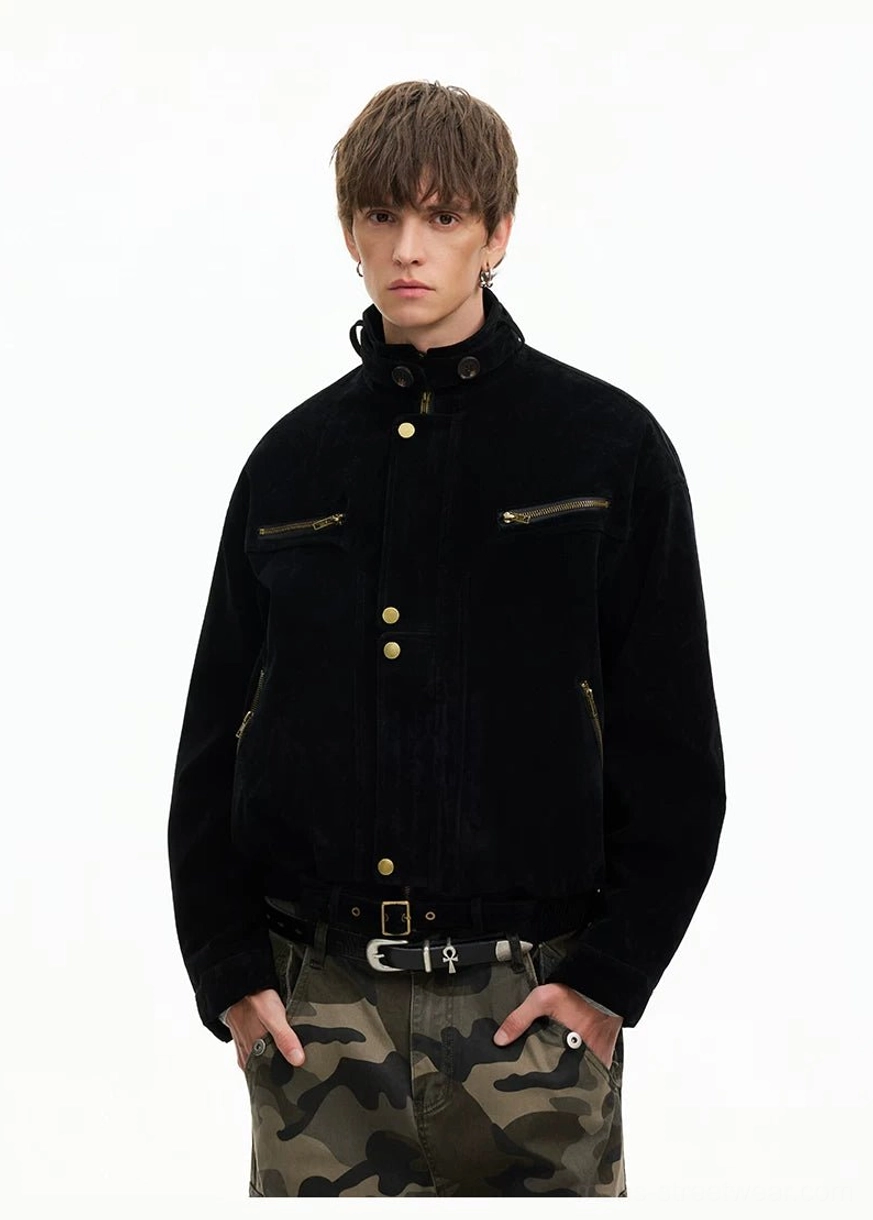 Black cropped corduroy utility jacket close front view with stacked gold snaps zip pockets and stand collar