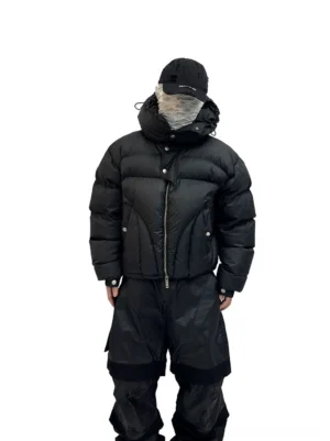 Black cropped hooded puffer jacket front full body view styled with black cargo pants for oversized Seoul streetwear