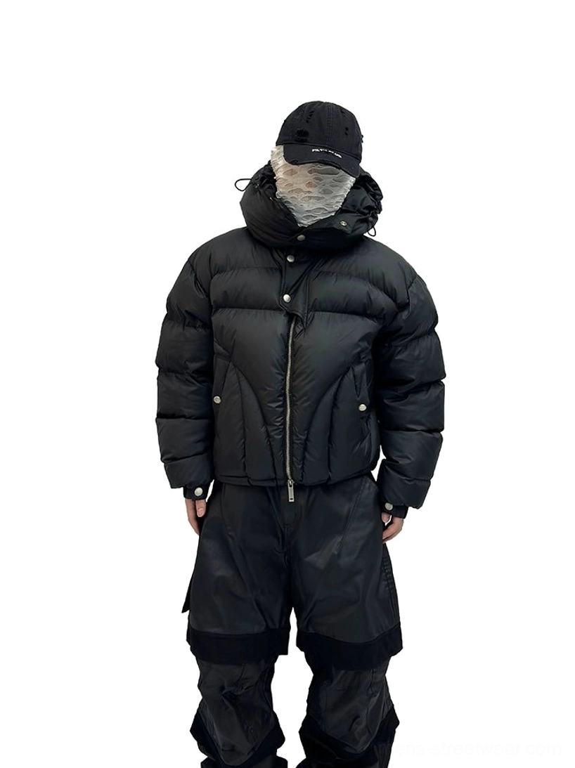 Black cropped hooded puffer jacket front full body view styled with black cargo pants for oversized Seoul streetwear
