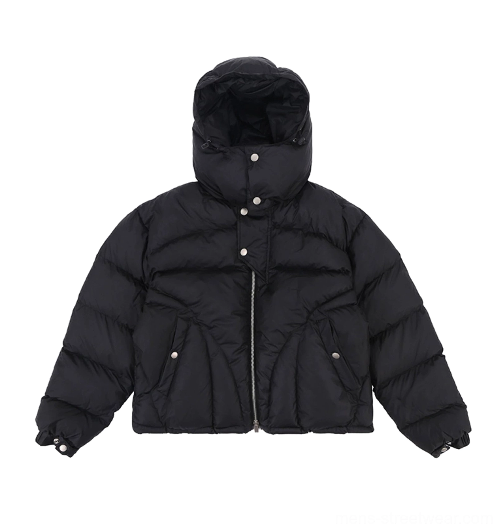 Black cropped hooded puffer jacket flat lay front view showing quilted padding zipper pockets and snap cuffs