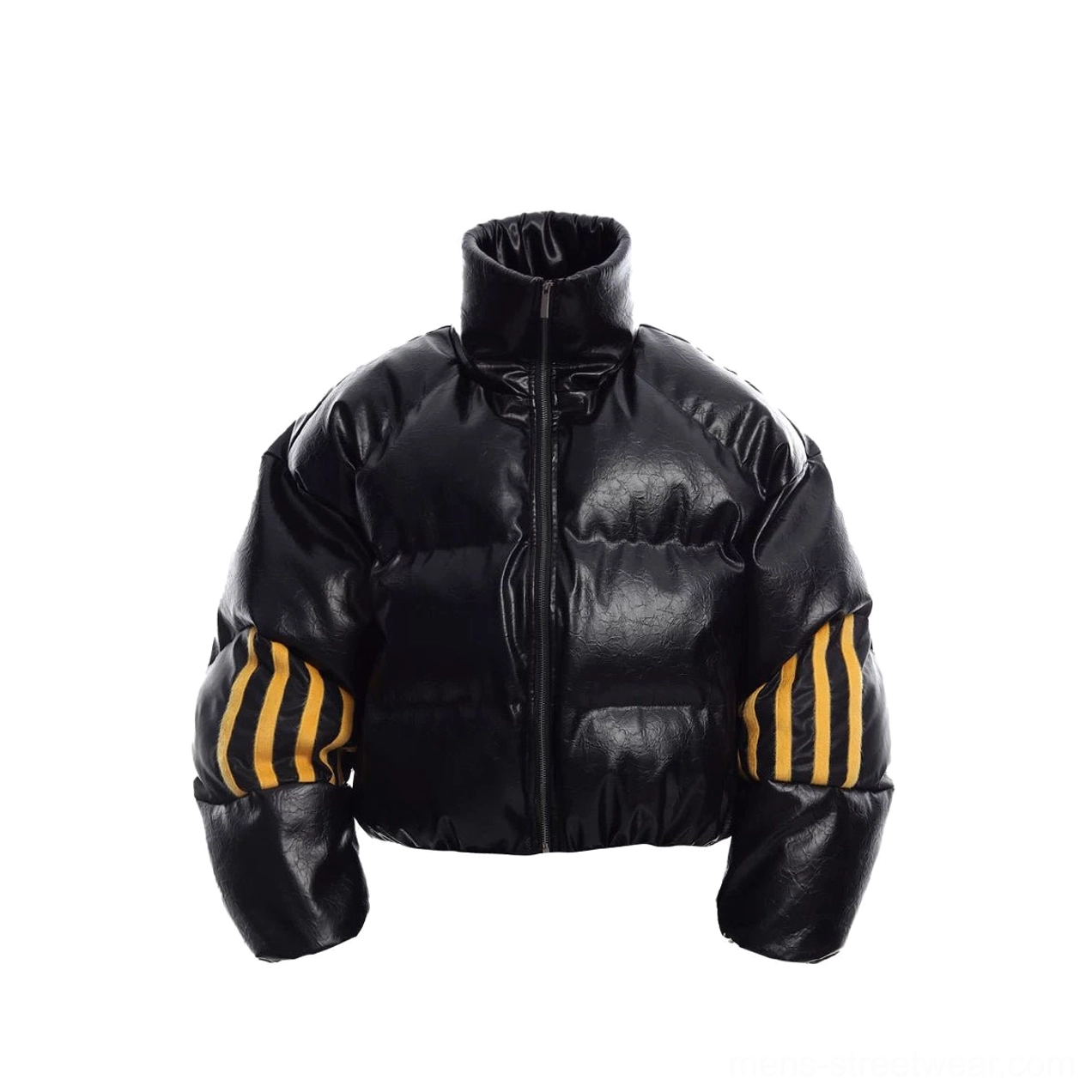 Flat front product view of black cropped PU leather puffer jacket with glossy finish, quilted panels, front zipper, and yellow triple stripe patches