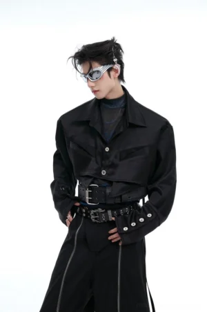 Black cropped satin shirt with long sleeves, chest patch pockets, utility-inspired snap cuffs, and oversized Korean streetwear styling
