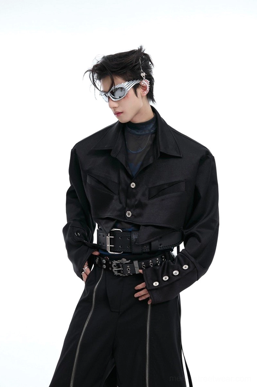 Black cropped satin shirt with long sleeves, chest patch pockets, utility-inspired snap cuffs, and oversized Korean streetwear styling