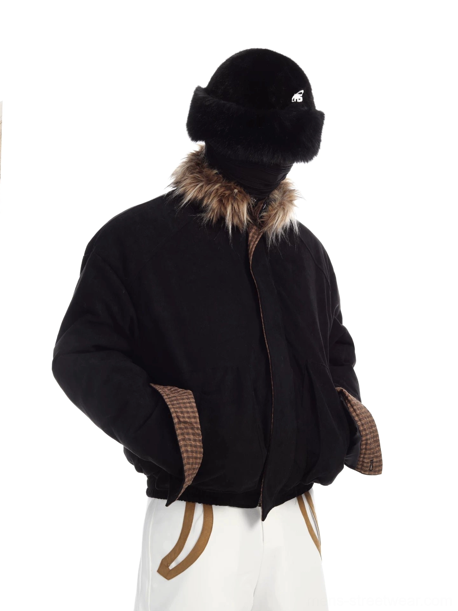 Black cropped suede-look bomber jacket with brown faux fur collar, check-pattern turned-up cuffs, and concealed front closure shown from a three-quarter front angle