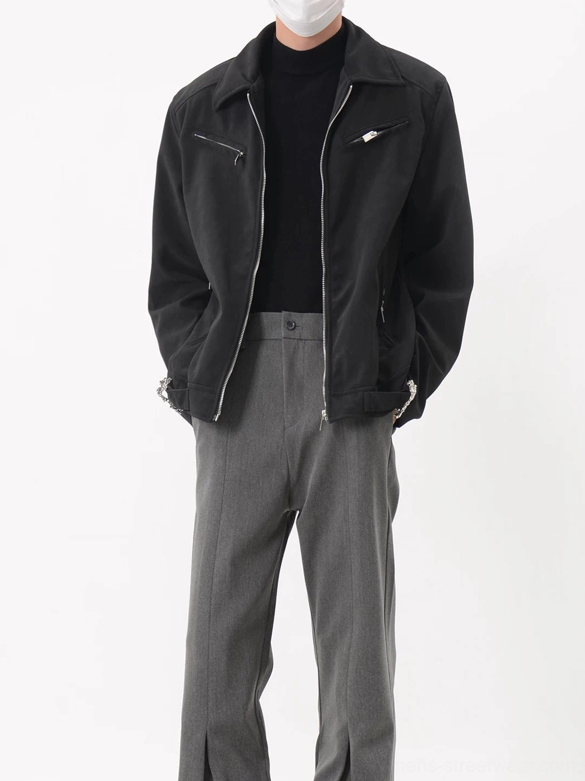 Black cropped zip-up moto jacket with silver metal zippers pointed notched collar and tailored Korean streetwear silhouette