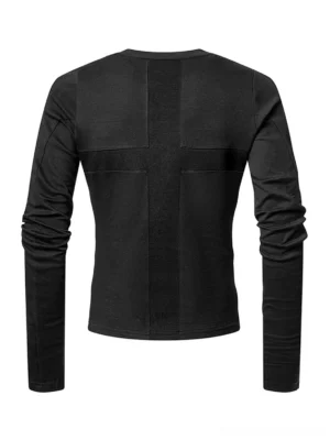 Back view of black fitted long-sleeve techwear top showing oversized cross-shaped stitched panel and tailored silhouette