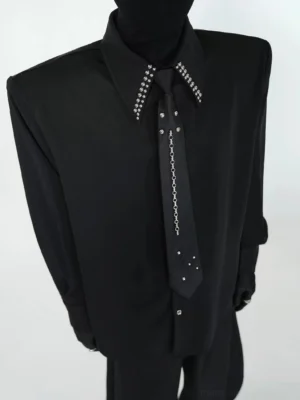 Black crystal studded collar oversized shirt with embellished chain tie shown in front upper body view