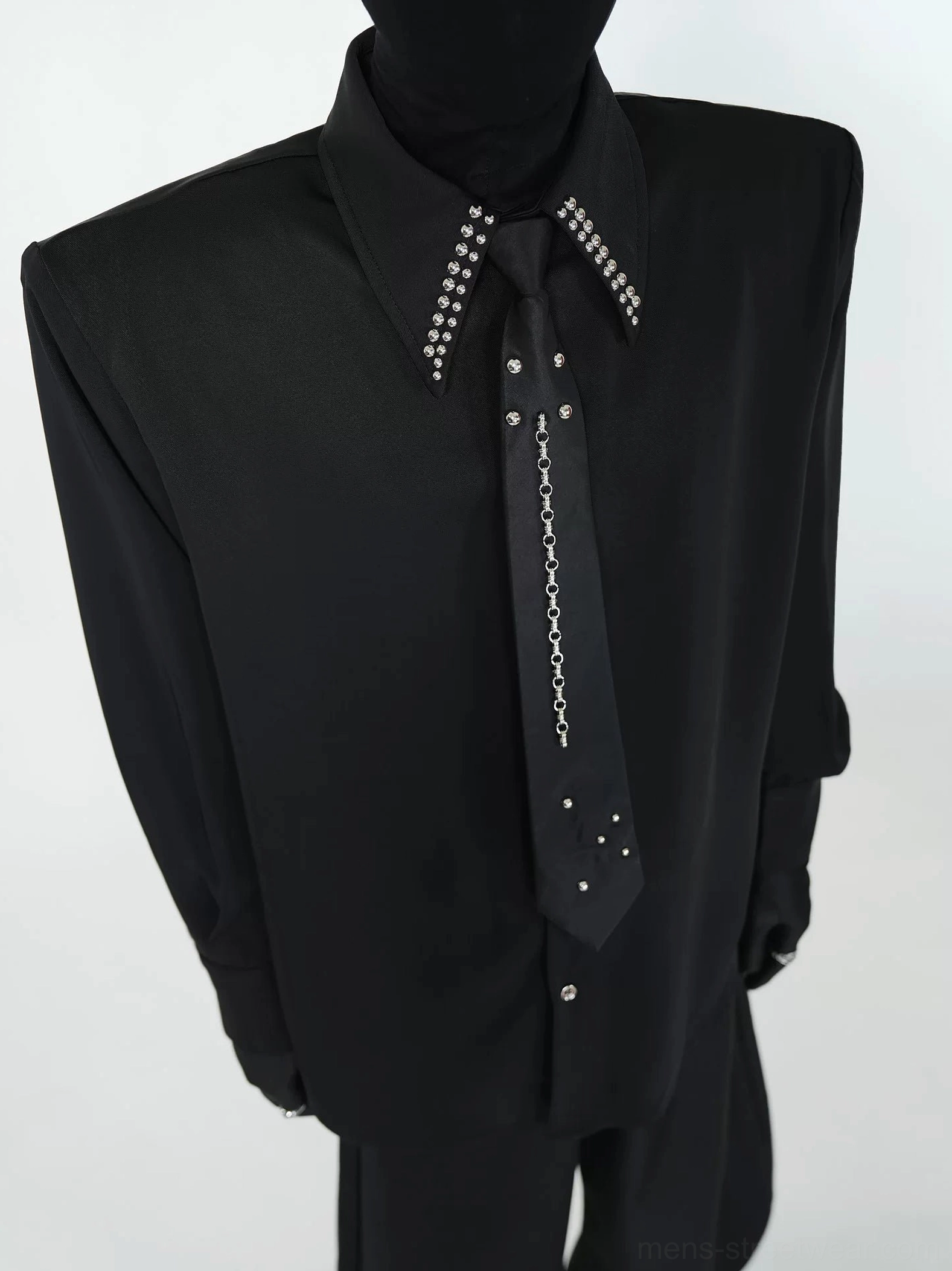 Black crystal studded collar oversized shirt with embellished chain tie shown in front upper body view