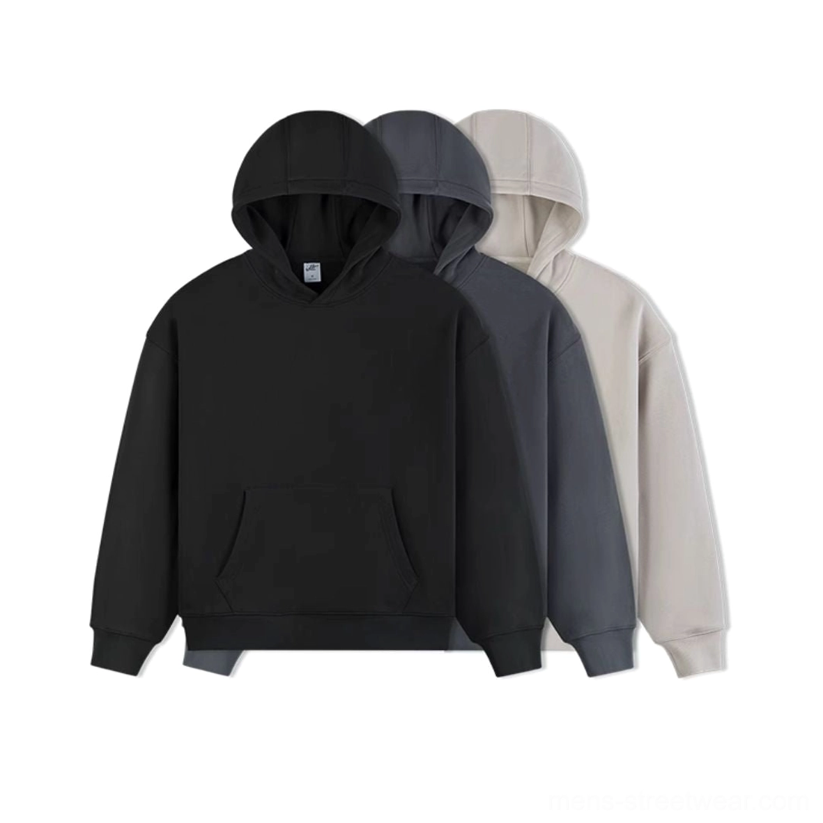 Three color collection of black dark gray and khaki oversized pullover hoodies for unisex Korean streetwear outfits