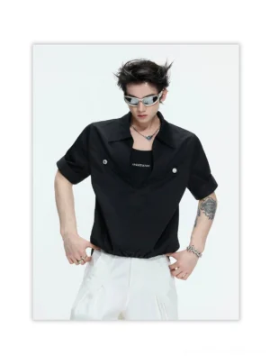 Black deep V-neck half-sleeve utility shirt with rolled cuffs, metallic buttoned chest pockets, pointed collar, and modern Seoul streetwear styling