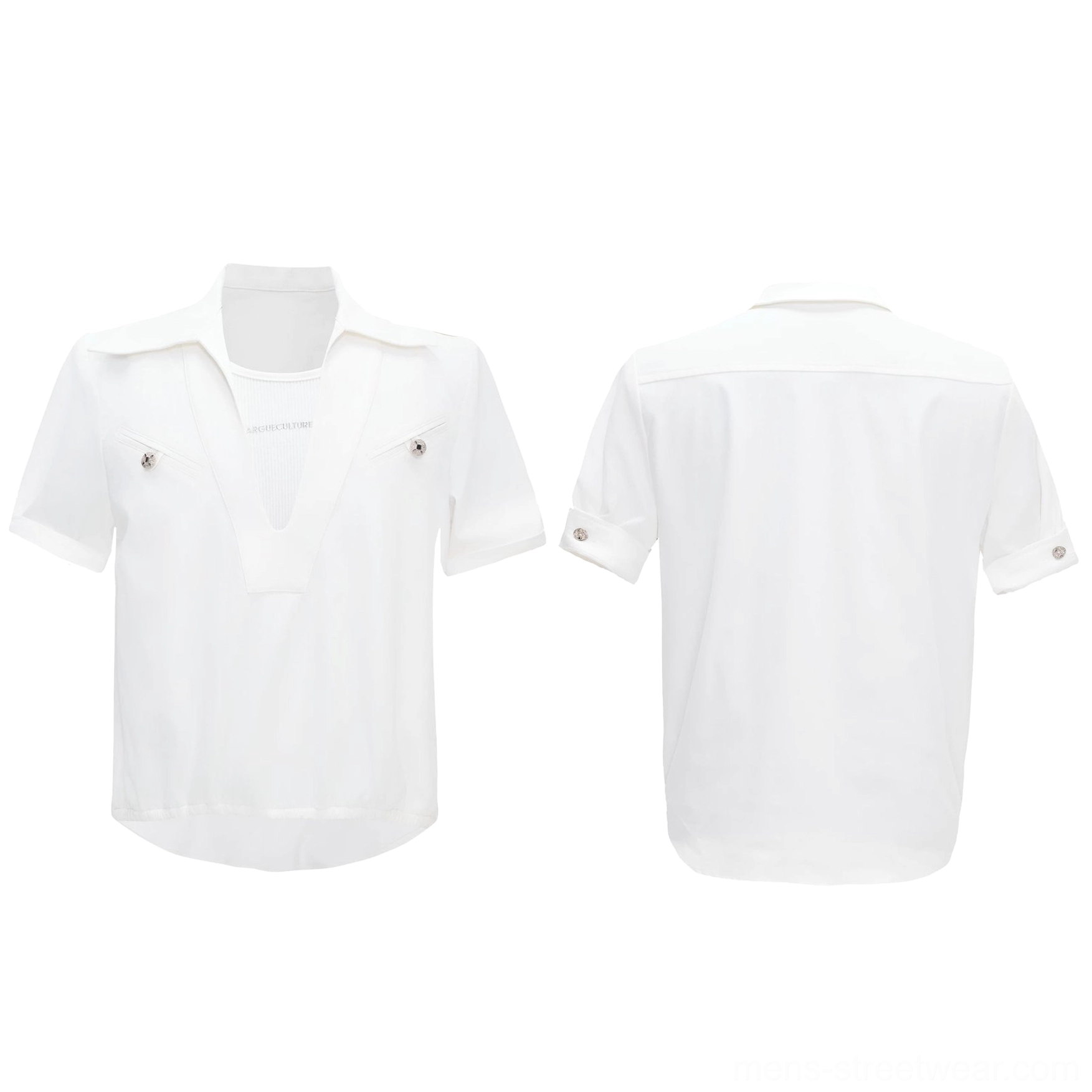 Black deep V-neck utility shirt shown from the back with a plain minimalist design, short sleeves, curved hem, and clean streetwear silhouette