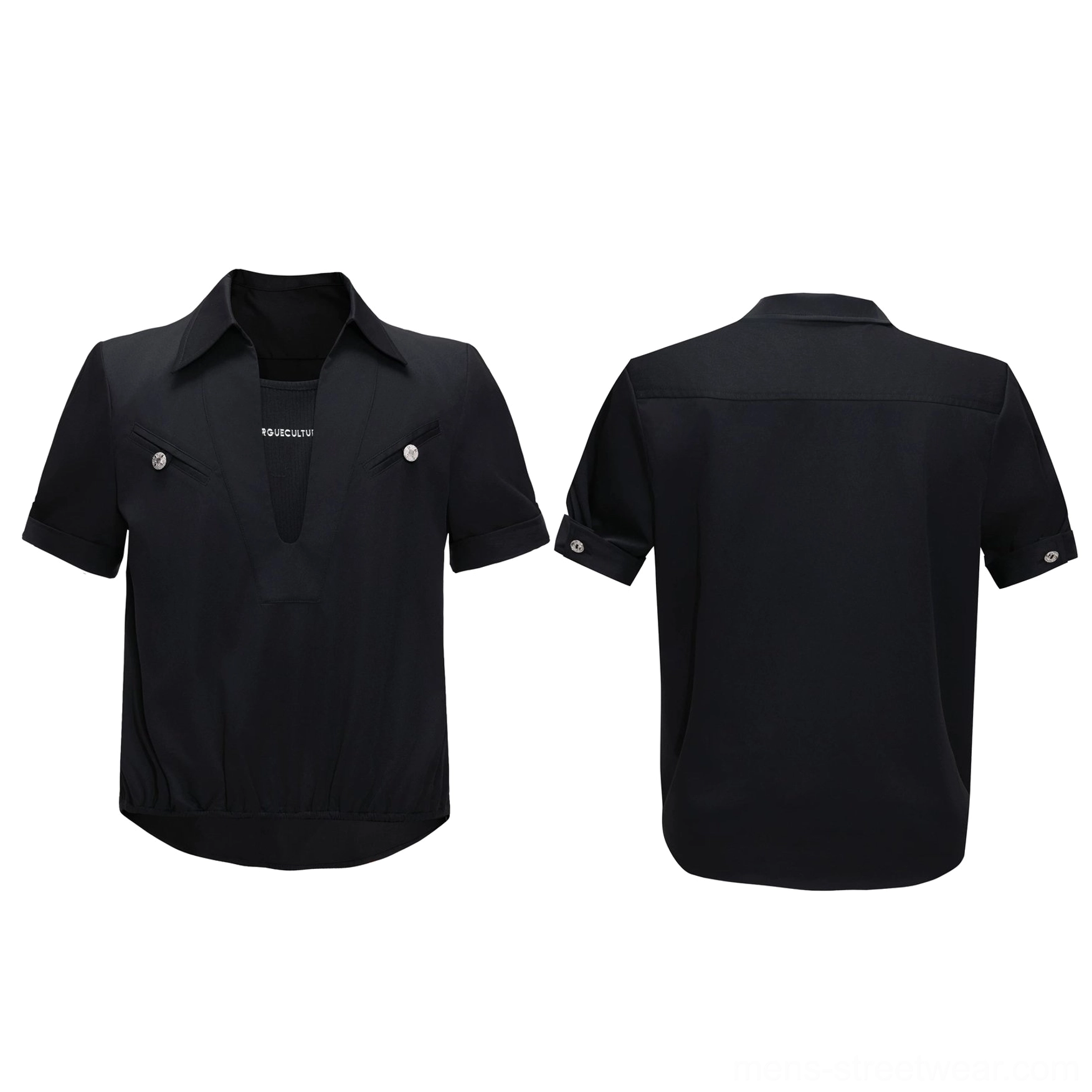 Black deep V-neck utility shirt shown from the front with metallic buttoned chest pockets, rolled sleeves, layered placket, and curved gathered hem