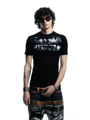 Black dental x-ray graphic slim fit streetwear t-shirt worn by male model in studio front three-quarter view