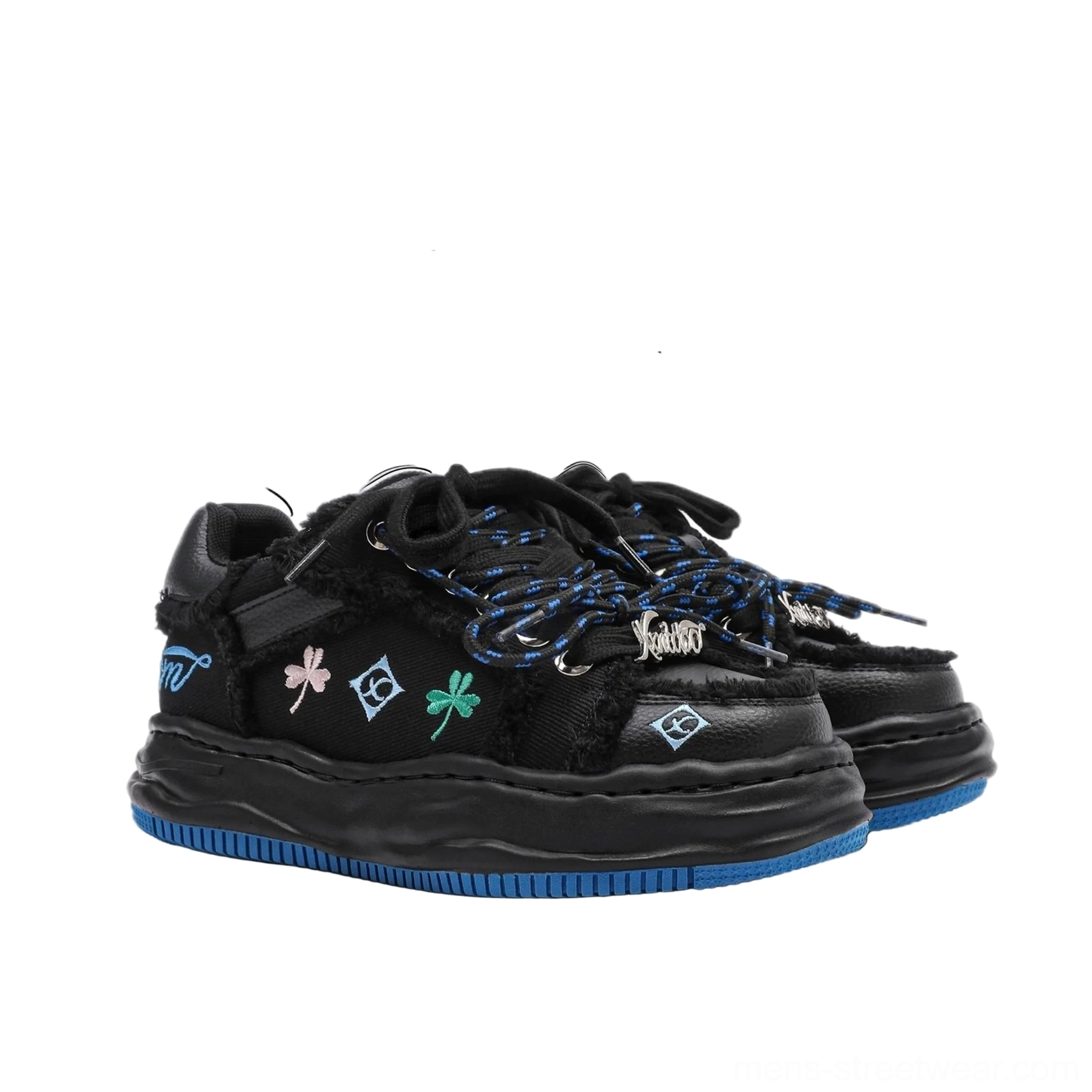 Black distressed embroidered platform sneakers featuring layered panels blue embroidery decorative lace hardware and 4 cm platform sole