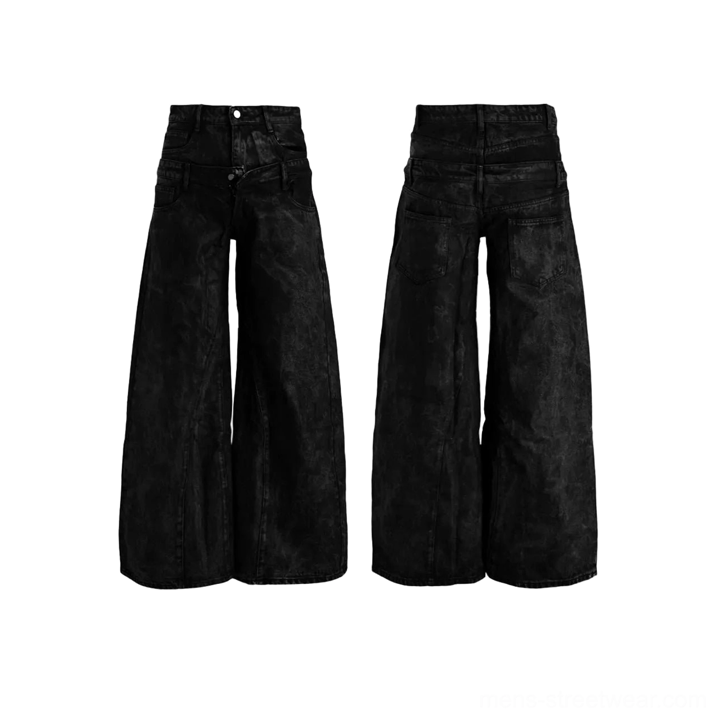 Matte black distressed faux leather wide-leg trousers with classic denim pocket details for an urban streetwear outfit