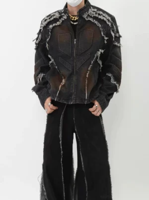 Black distressed frayed washed denim stand collar jacket front full body streetwear outfit